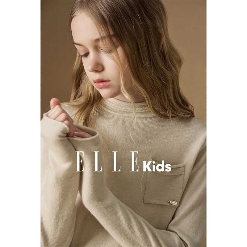 ELLE KIDS童装 美丽诺羊毛针织衫女童秋冬新半高领拼接口袋长袖D1