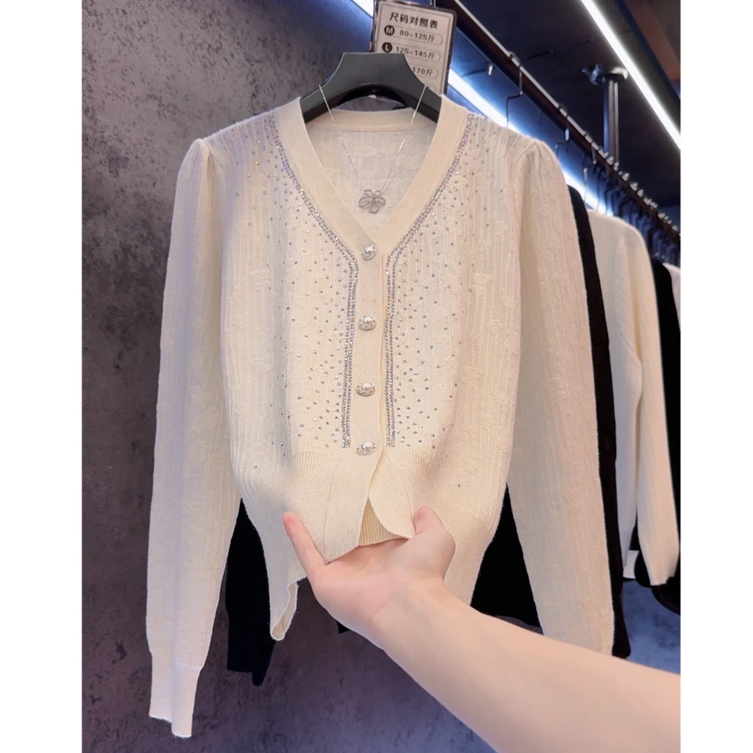 【定制大码女装80-200斤】重工提花烫钻甜美显瘦温柔V领开衫2007