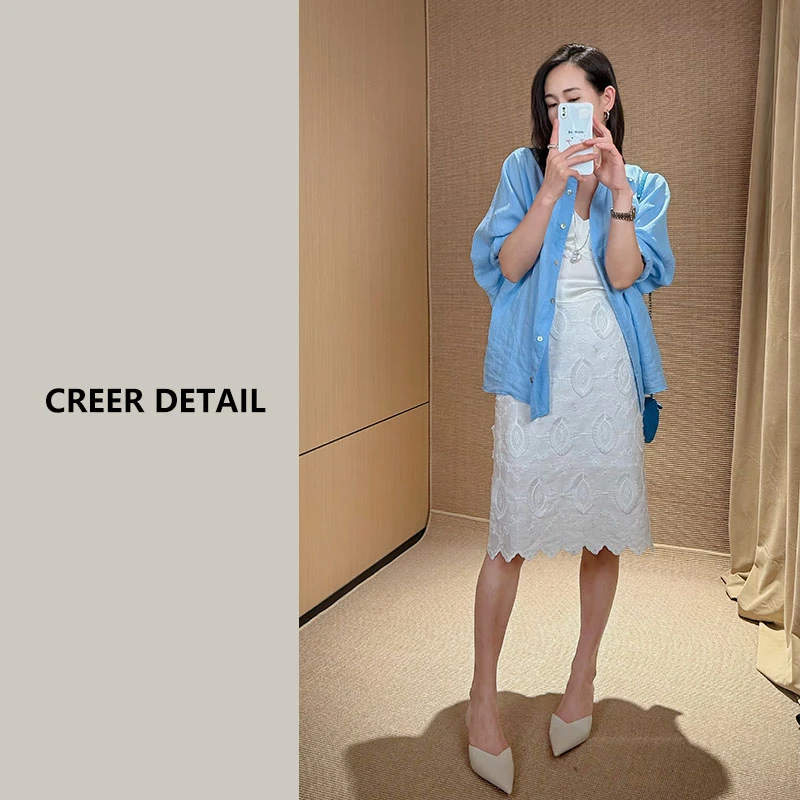 高端立体浮雕刺绣气质A字半身裙夏季白色短裙