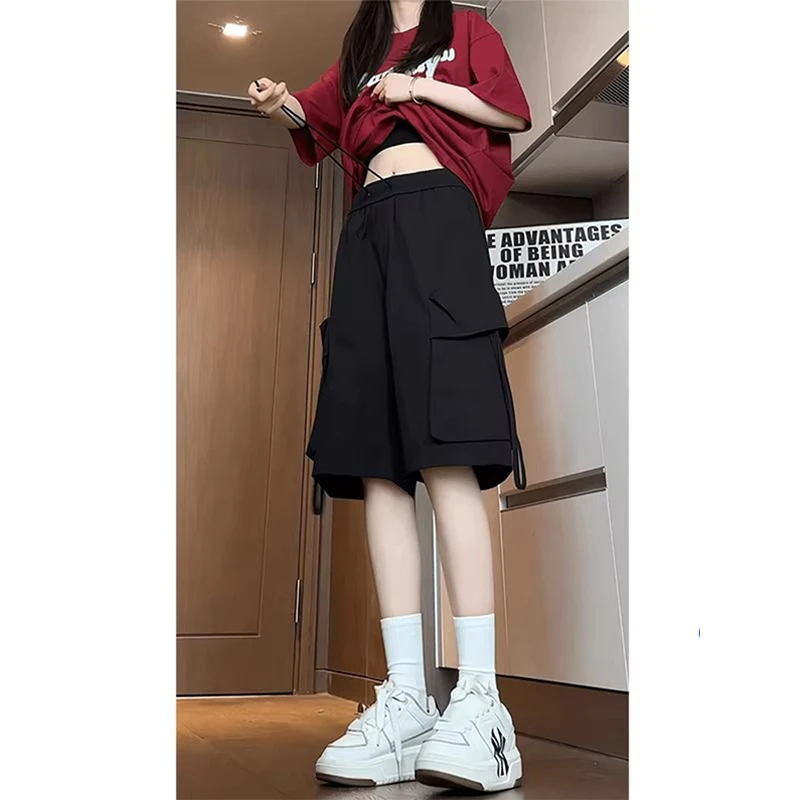 黑色飘带设计感大口袋工装短裤男夏季冰丝速干五分裤子过膝七分裤