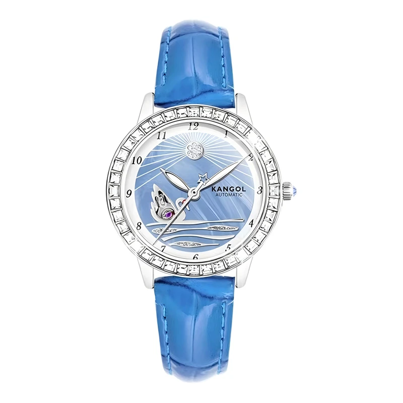 天鹅女士机械表镶钻设计轻奢蓝色渐变女士腕表-K131