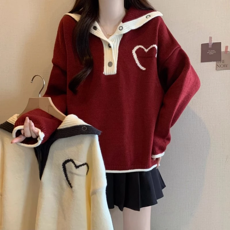 红色翻领正肩爱心毛衣女2025秋冬新款大码胖mm宽松遮肚子减龄上衣