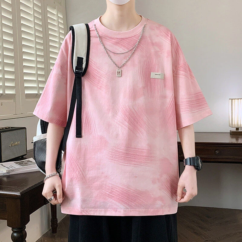 男士夏季扎染圆领短袖t恤美式落肩袖宽松潮流渐变色休闲半袖上衣