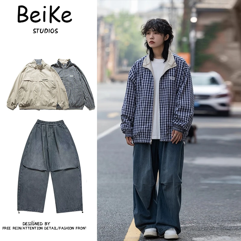 两件装/春秋日系复古工装夹克男女生秋装校园立领宽松休闲外套