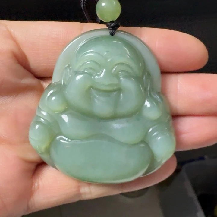 和田玉未镶嵌颈饰粉青猫眼佛公53尺寸