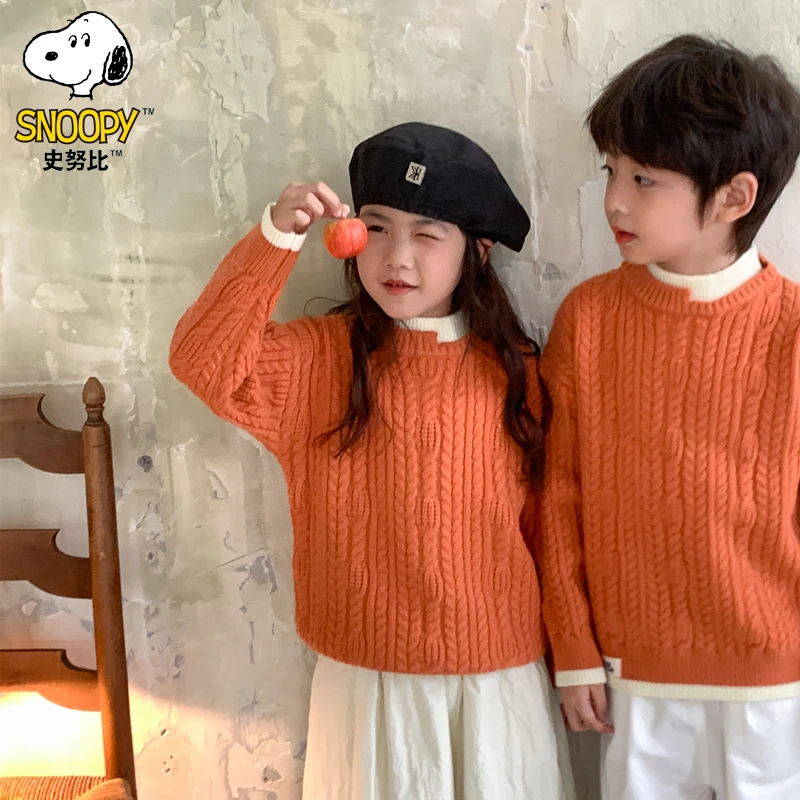Snoopy/史努比男女童毛衣儿童女孩加厚宝宝套头假两件红色针织衫