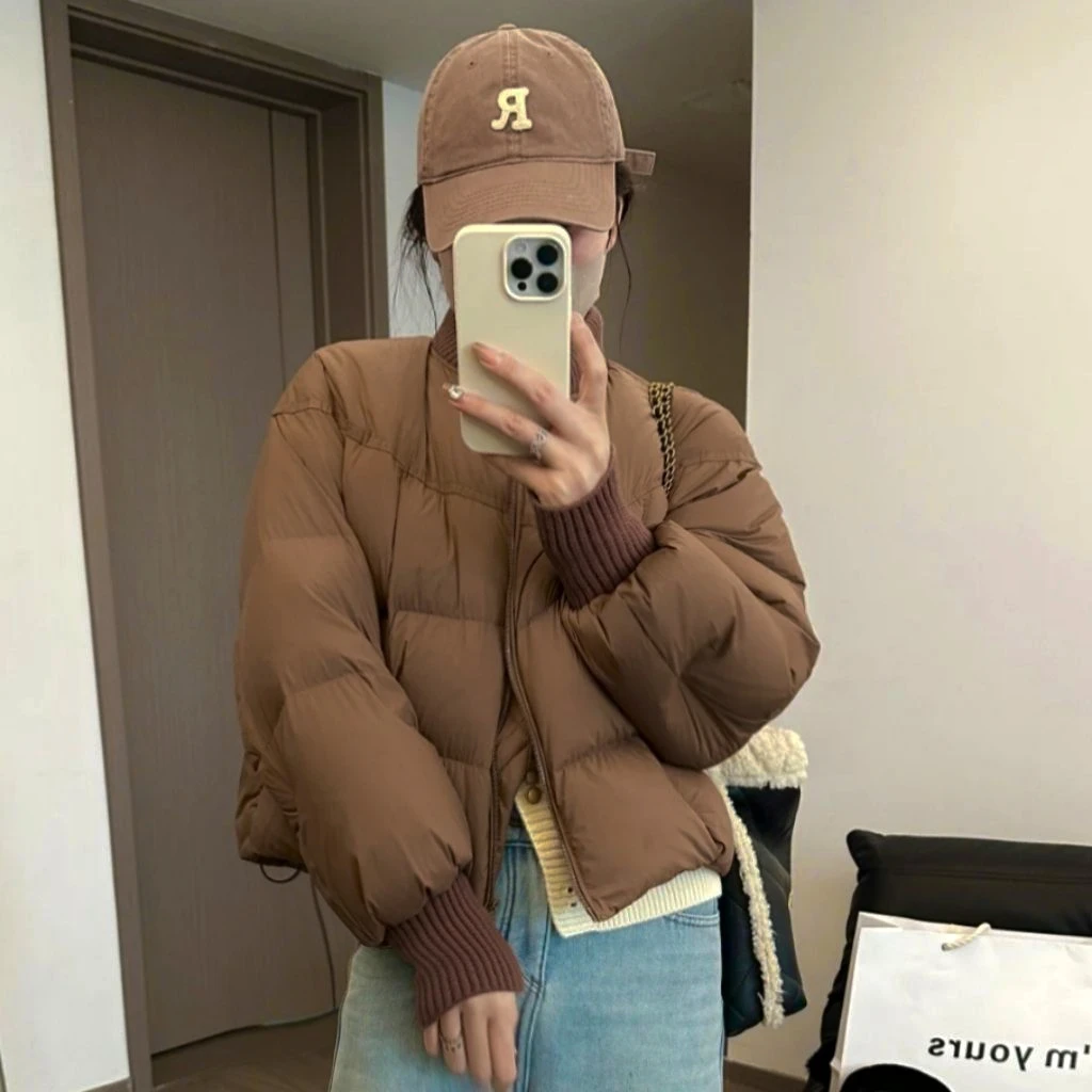 针织袖棒球领潮流棉服女短款2025新款冬装小个子外套ins风