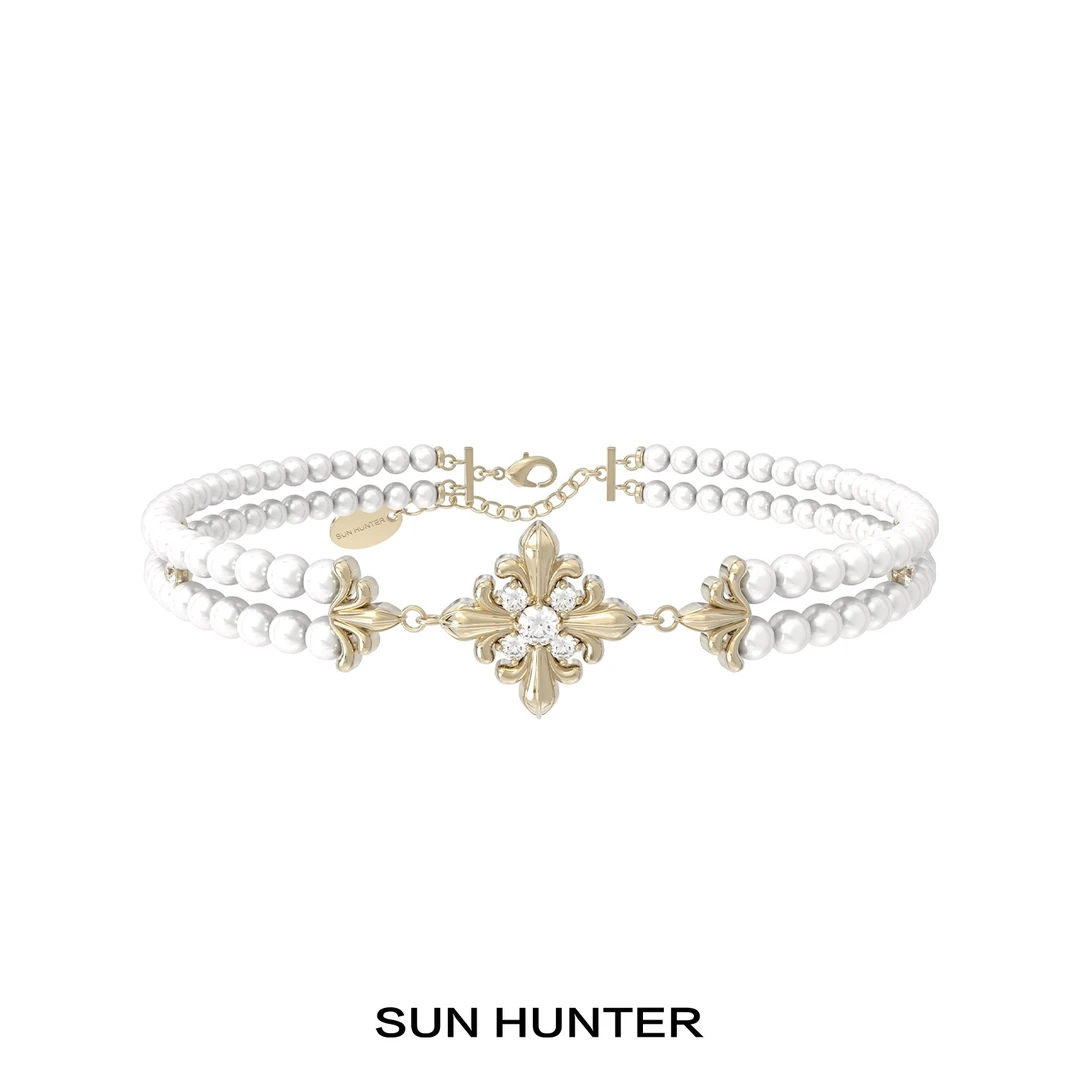 铜合金项链 三横SUN HUNTER原创鸢尾花珠珠颈链复古美拉德choker