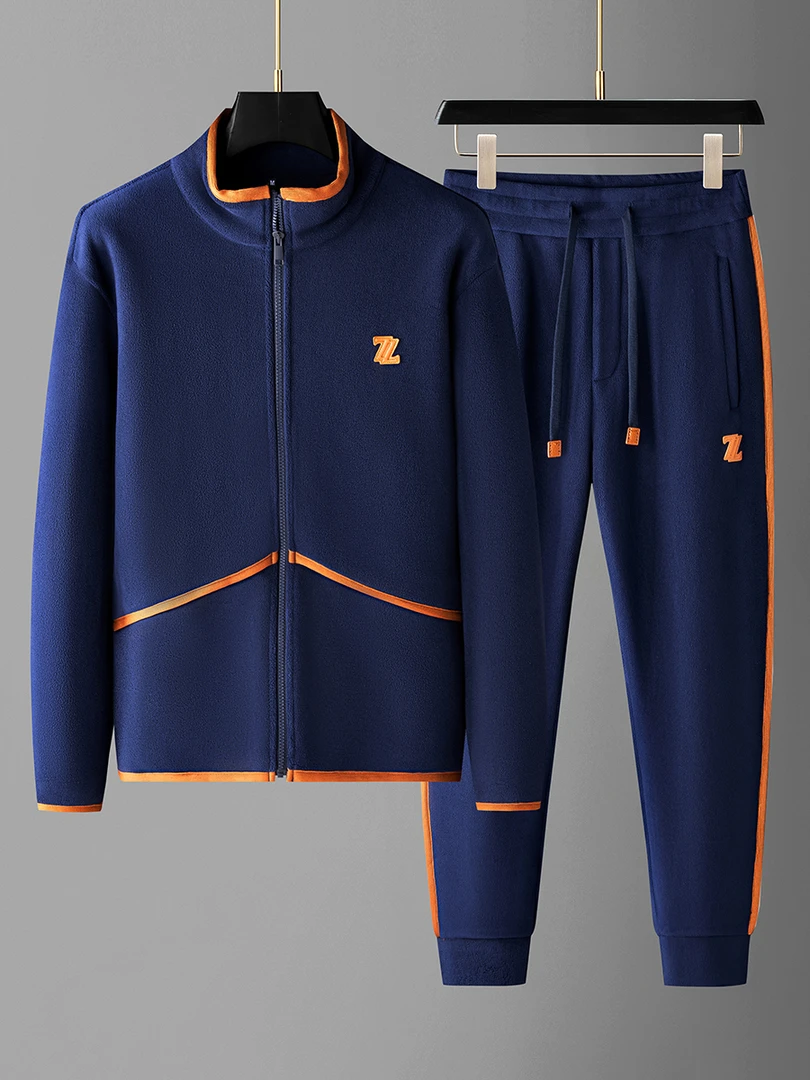 凯邦威冬季加绒加厚保暖两件套撞色拼接男士开衫卫衣休闲运动套装