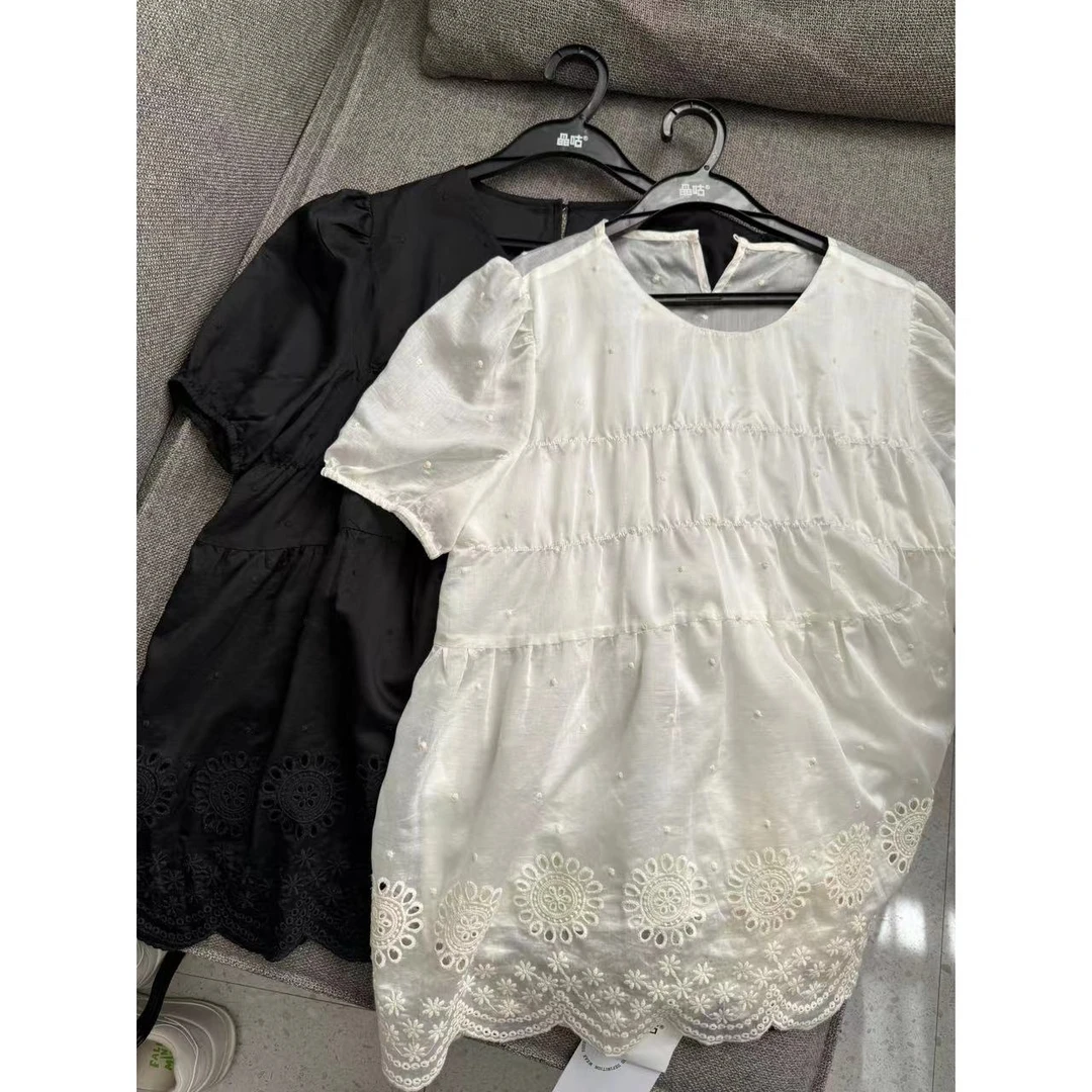 晶咕【花束圆舞】气质圆领蕾丝刺绣拼接独特花边小衫短袖T恤