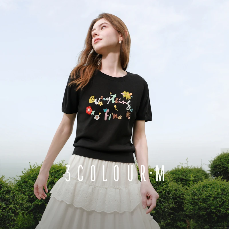 三彩2025夏季新款刺绣针织衫圆领短袖毛衫薄款撞色套头衫简约M