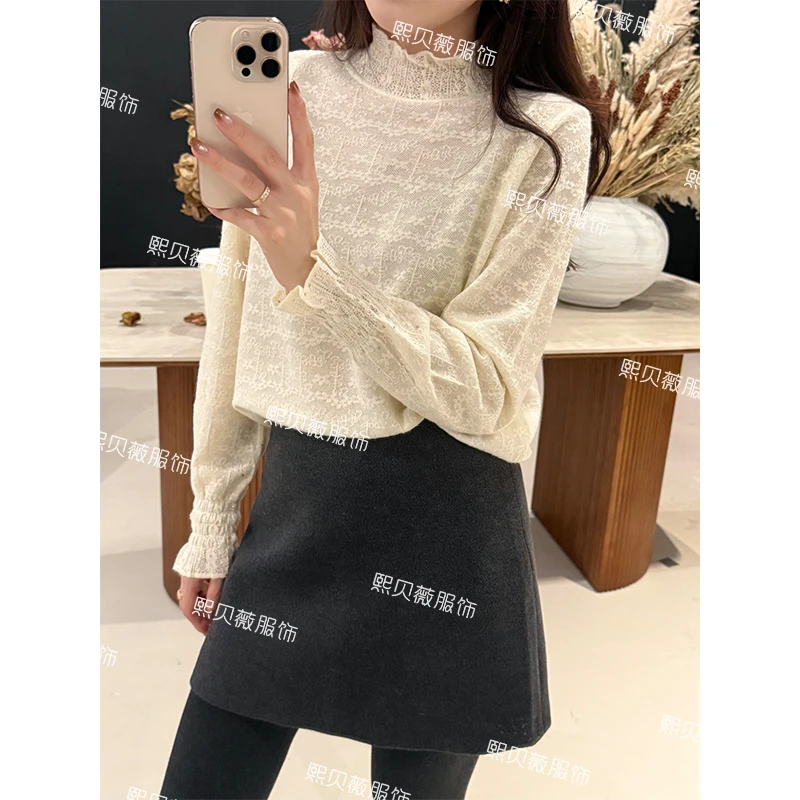 熙贝薇5 绵羊毛重工钉珠提花半高领蕾丝花边针织打底衫 G5583