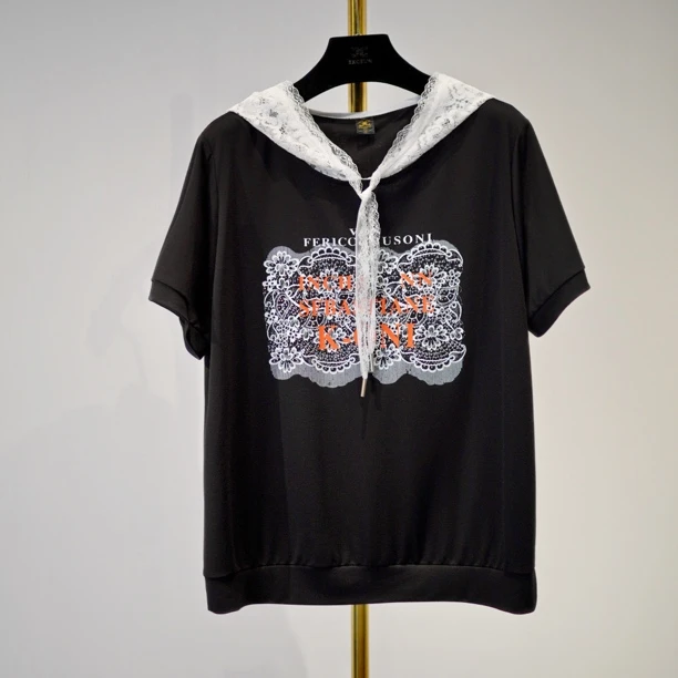 黑白蕾丝英文带帽短袖】新款洋气穿搭高档时尚显瘦女士连帽T恤帽衫