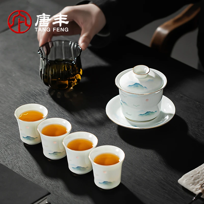 唐丰千里江山盖碗玲珑茶具套装泡茶工具家用高档羊脂玉瓷伴手礼