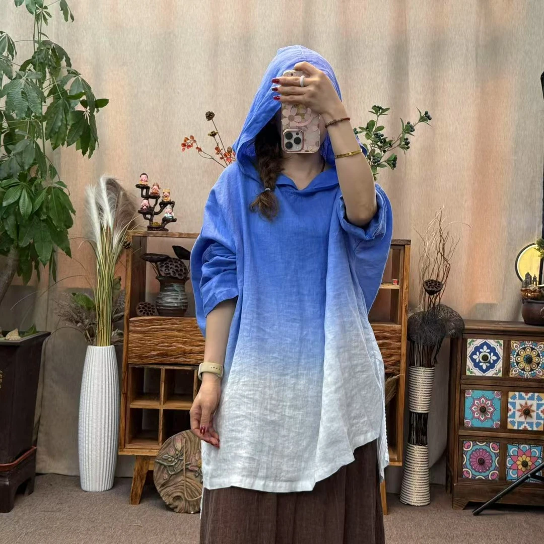 花璟与麻原创设计炒色做旧前短后长连帽小衫（衣长77-87胸围148）