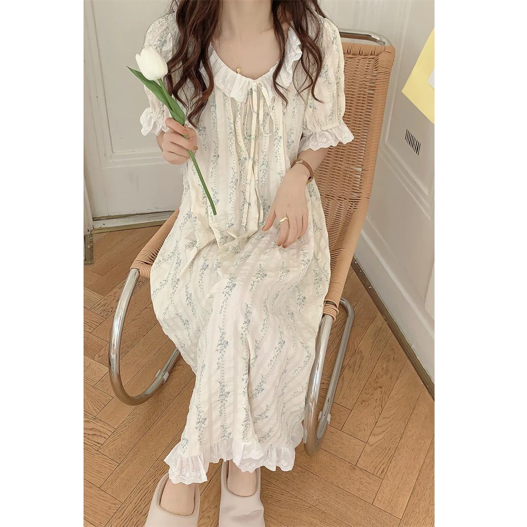 甜美可爱公主风碎花长袖纯棉睡裙睡衣女士春秋季可外穿宽松家居服