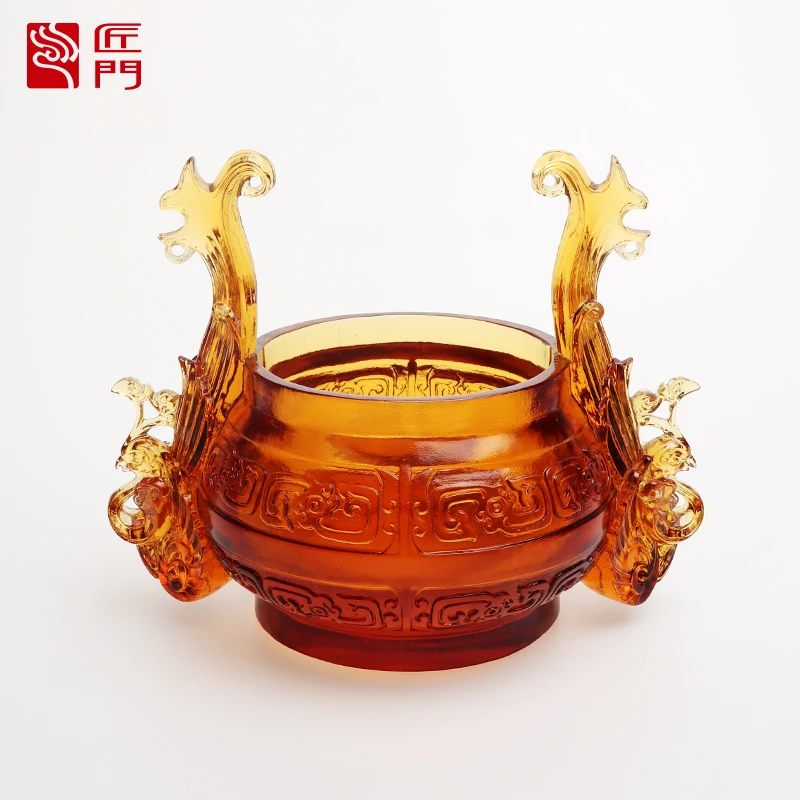 匠门【风雅颂】水晶琉璃工艺品摆件双龙香炉鼎玄关博古架琉璃摆件