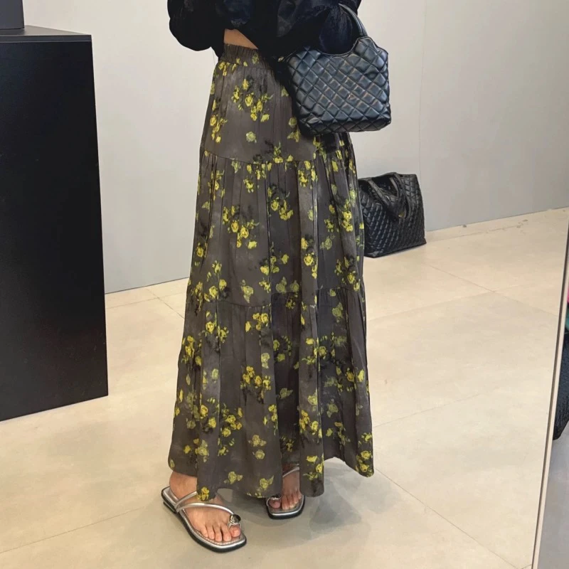 外单～灰色黄色花，皮筋腰半裙，均码，百搭，显瘦