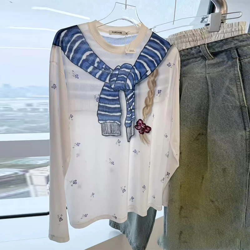 FORDARE趣味手绘绑结小碎花罩衫上衣小衫百搭时尚长袖白色印花