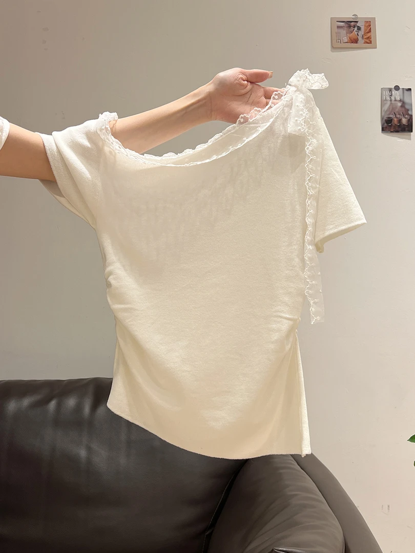 2025夏季新款斜领蕾丝花边系带短袖T恤女辣妹纯欲风修身收腰上衣