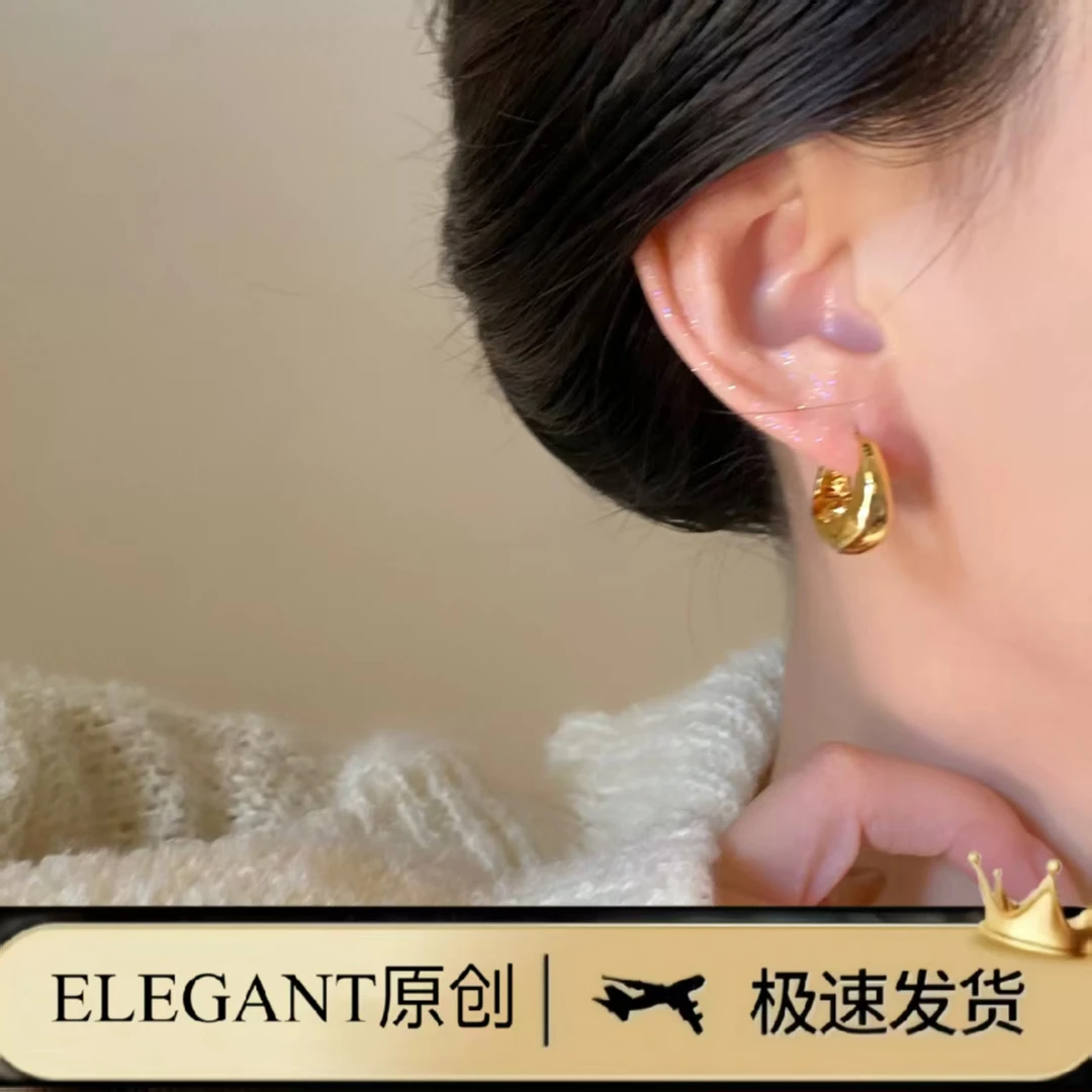 铜合金耳饰 1274-1「小雨滴」金色素圈耳圈小众设计感高级冷性风