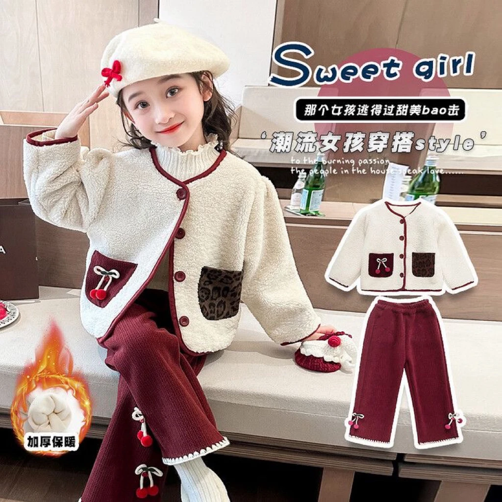 女童套装冬季洋气羊羔绒外套裤子两件套
