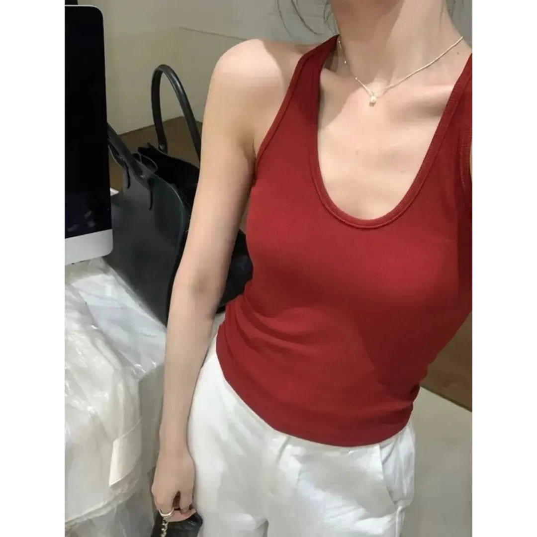 2025新款百搭U领挂脖带胸垫吊带背心内搭外穿修身显瘦无袖上衣