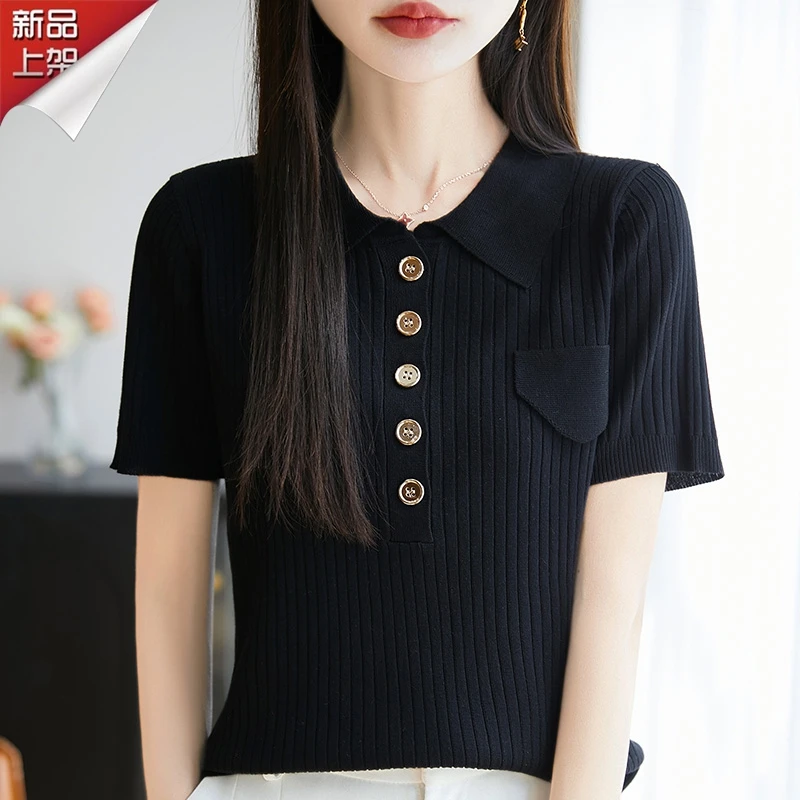 哥弟阿玛施正品2025新款夏季短袖针织衫女洋气百搭宽松显瘦上衣服