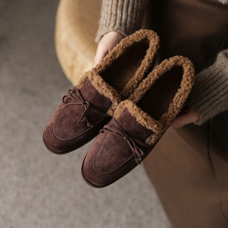 头层羊翻皮2cm～复古蝴蝶结圆头加绒乐福鞋保暖毛毛鞋冬季低跟单鞋