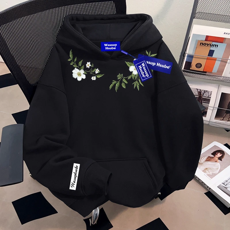 WASSUP HSUBE美式复古花卉印花重磅卫衣男女情侣套头连帽慵懒上衣