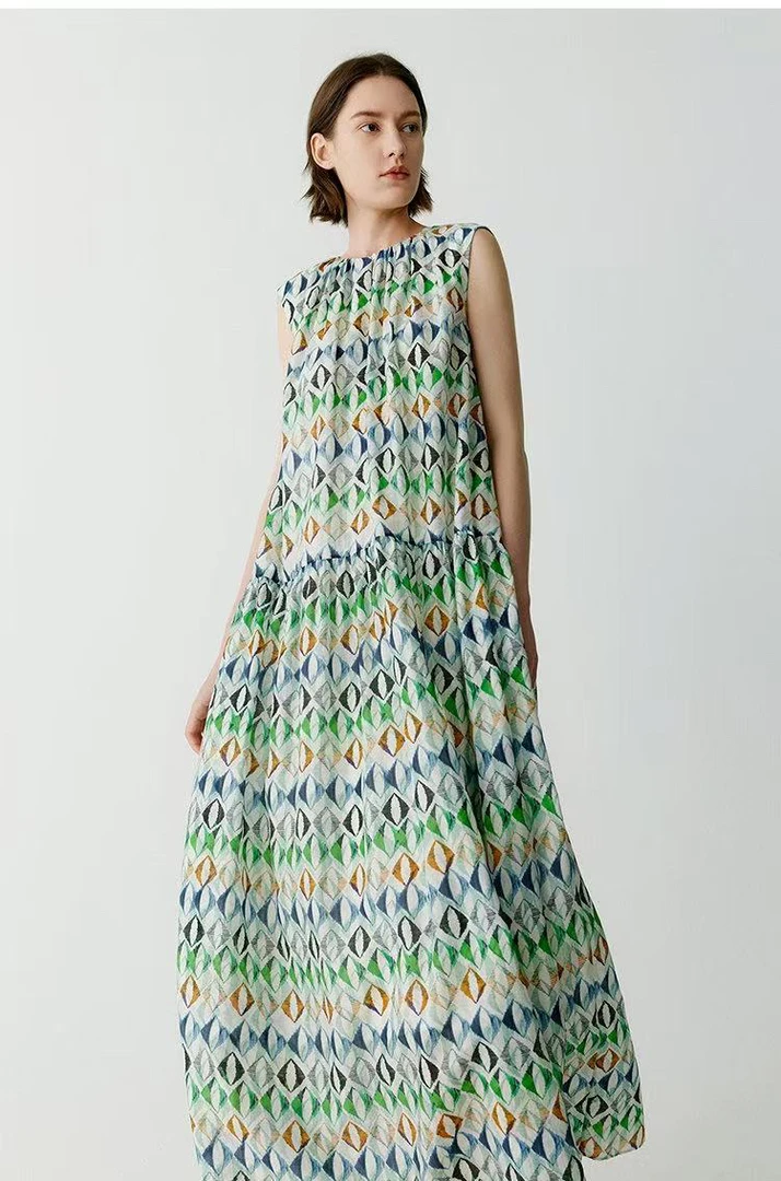 女装高端系列2025春季新混纺印花平纹长款连衣裙258