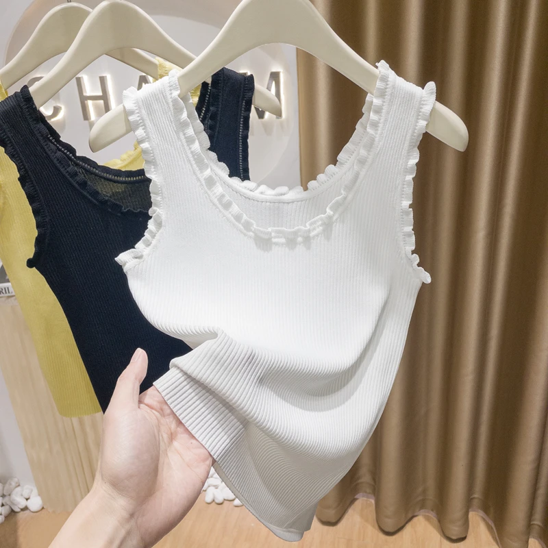 大码遮肚外穿打底背心女夏季显瘦内搭木耳边胖mm无袖针织吊带上衣