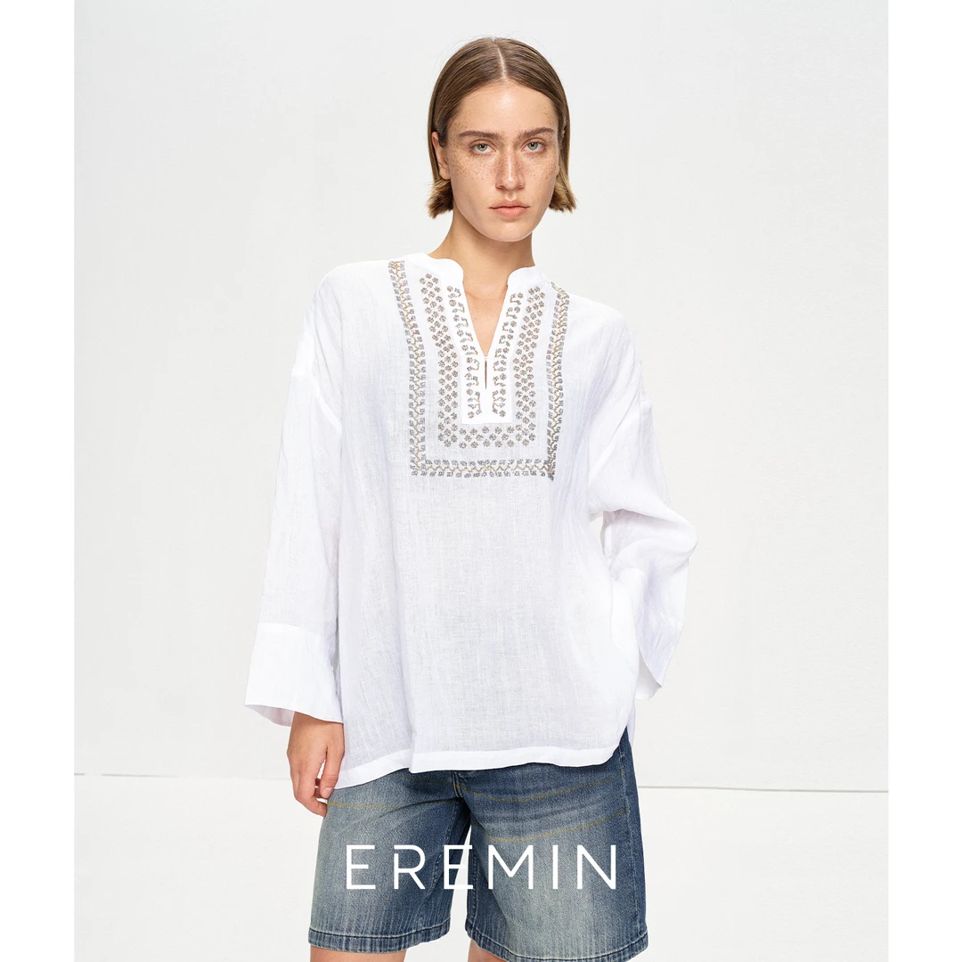 DE Mincollection钉珠白衬衫/手工串珠绣宽松全亚麻套头衬衫50005