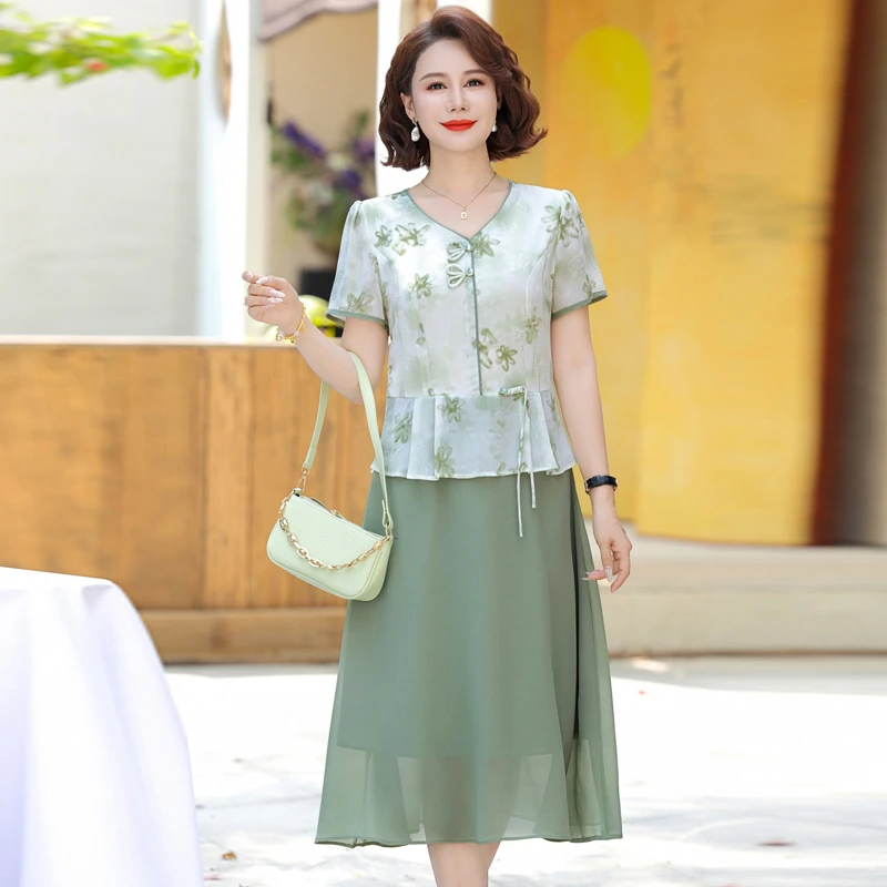 夏装中老年漂亮妈妈裙子2025新款时尚气质连衣裙新中式国风雪纺裙