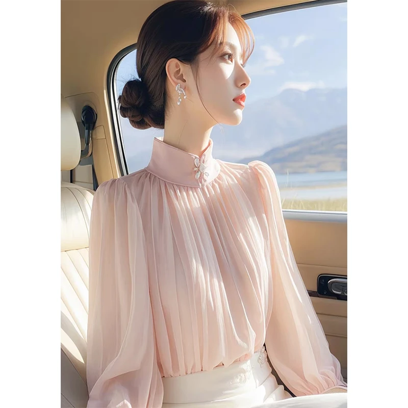 仙气飘飘法式内搭上衣女秋季2025新款轻奢高级感粉色立领长袖衬衫