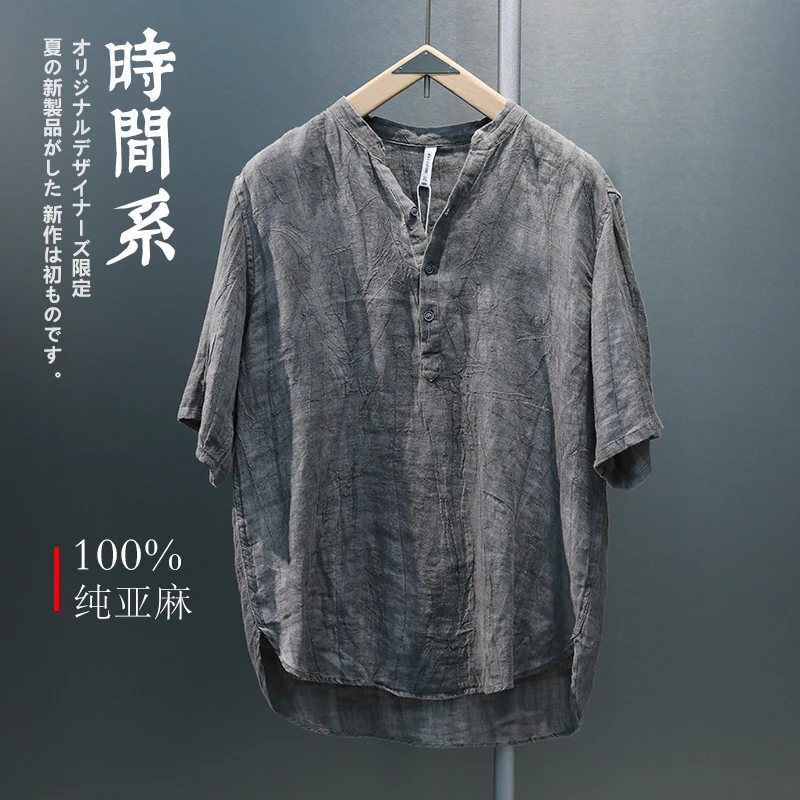 高级感扎染工艺纯亚麻短袖衬衫男夏季宽松新中式棉麻五分袖衬衣