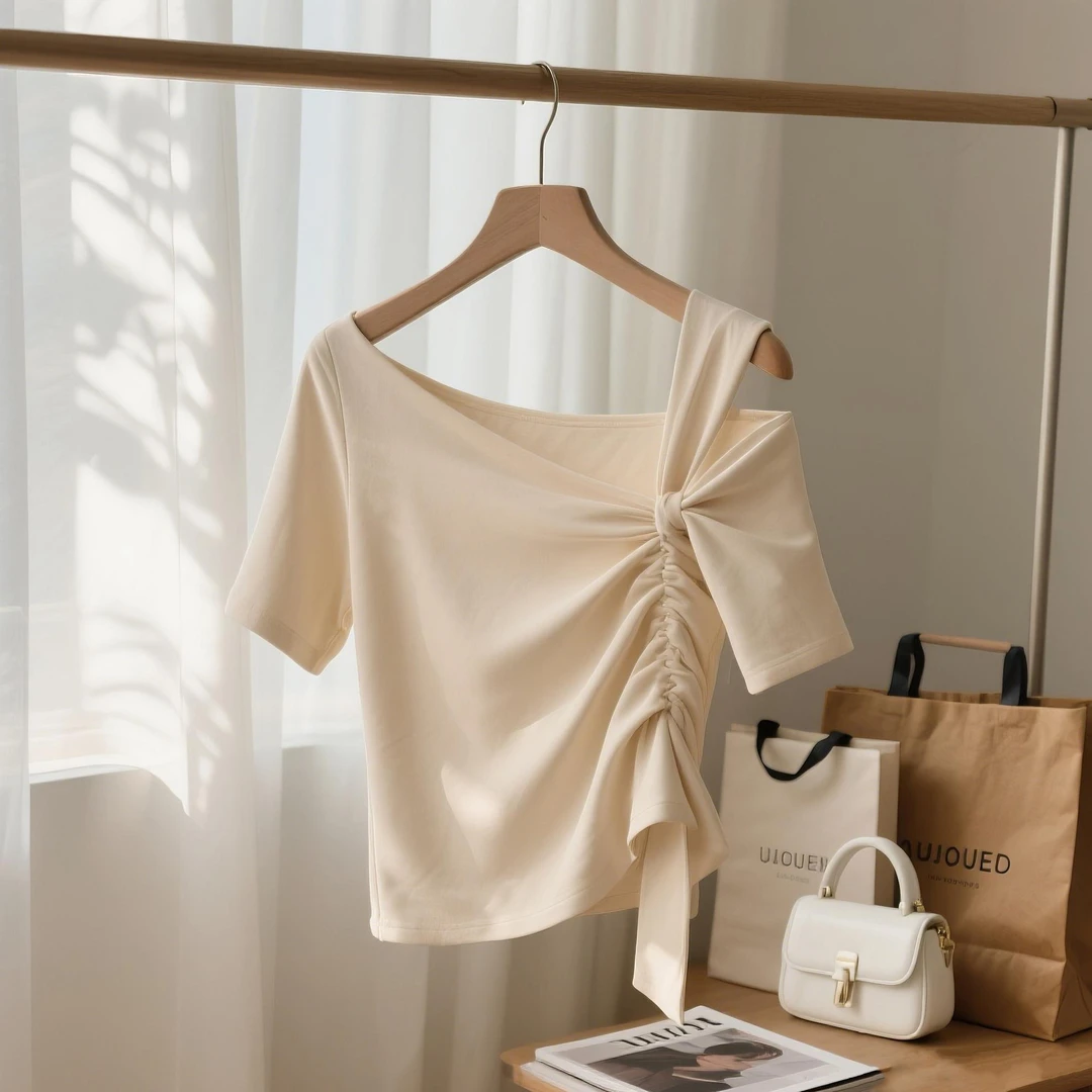 法式优雅单边露肩设计款气质短袖T恤2025夏季新款不规则抽绳上衣