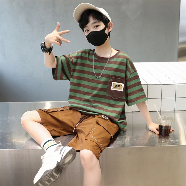 儿童装男童夏装套装2025新款条纹夏季男孩中大童薄款夏款酷帅气潮