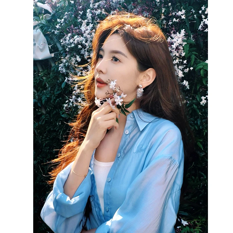 【章若楠秀场同款】茵曼夏季时尚纯色百搭防晒开叉薄荷衫衬衣女