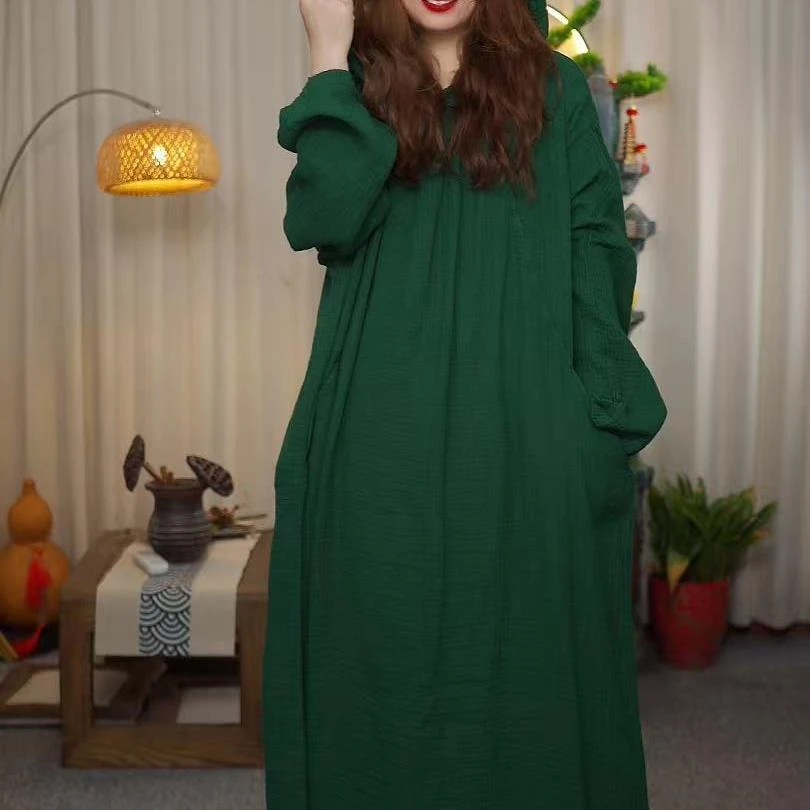 春秋~花璟麻社原创设计款纯色连帽连衣袍裙（裙长123胸围146)