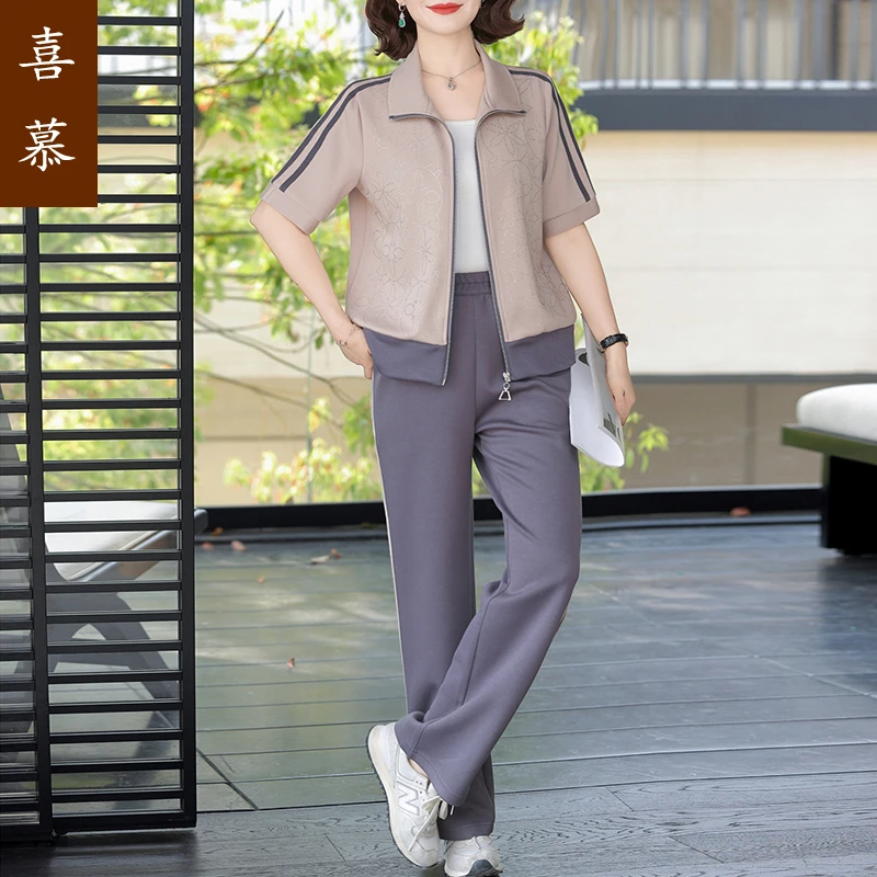 妈妈夏款洋气跑步外套中年女装夏装2025新款中老年休闲运动服套装