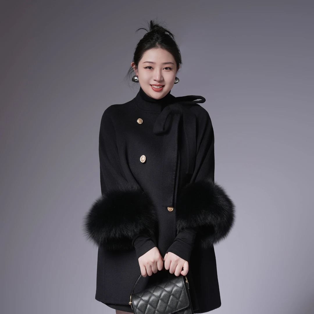 多肉宝贝100%绵羊毛蝴蝶结女胖mm羊毛大毛领千金大衣0925AL1508