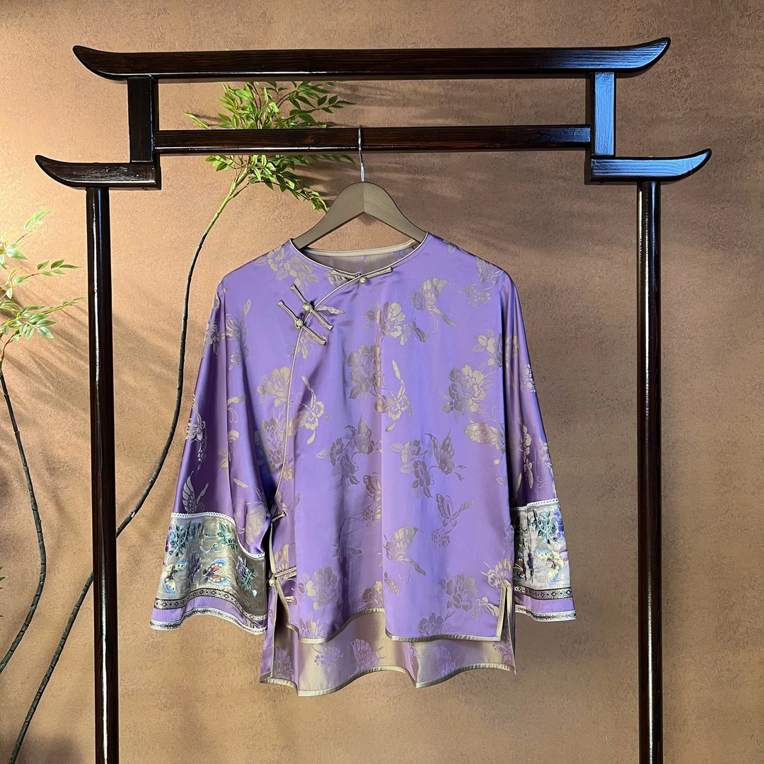 福熹『云容』新中式国风女款圆领斜襟提花时尚宽松上衣紫色复古唐装
