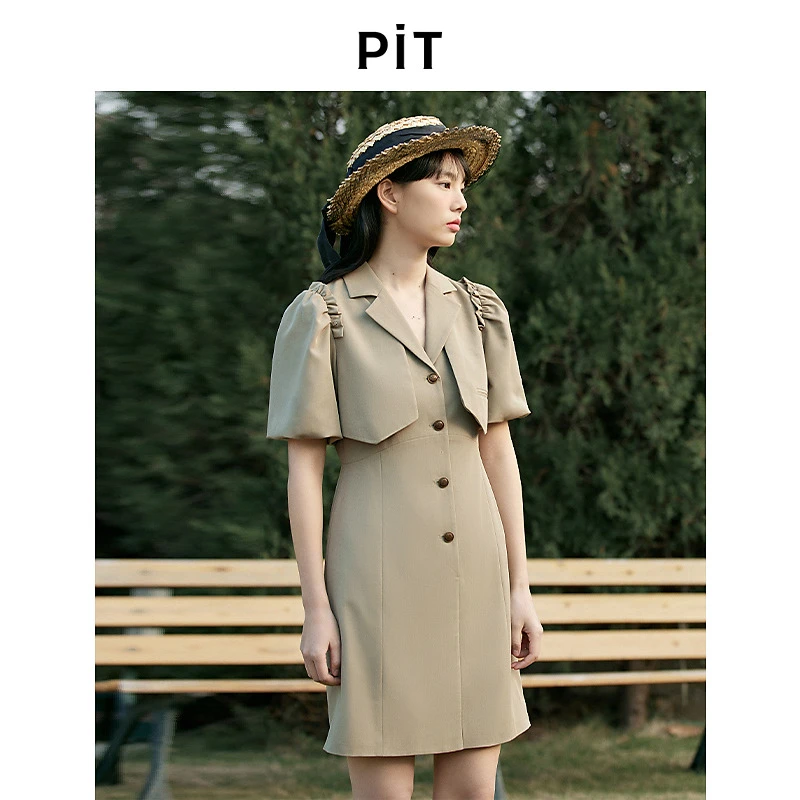 pit复古时尚设计感衬衫连衣裙女2024秋装新款通勤泡泡袖精致裙子