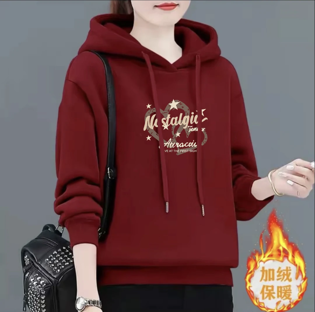 秋冬卫衣新款中年妈妈女装加绒加厚洋气百搭套头宽松连帽外套上衣