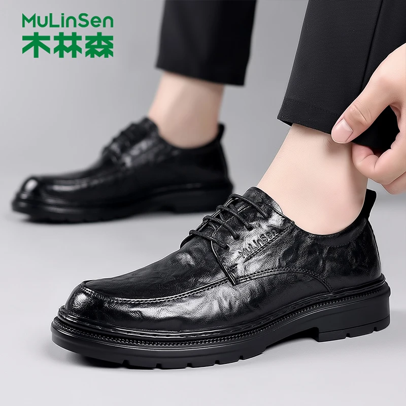 木林森正品男鞋男士皮鞋2025新款潮流春秋商务正装黑色英伦风软底