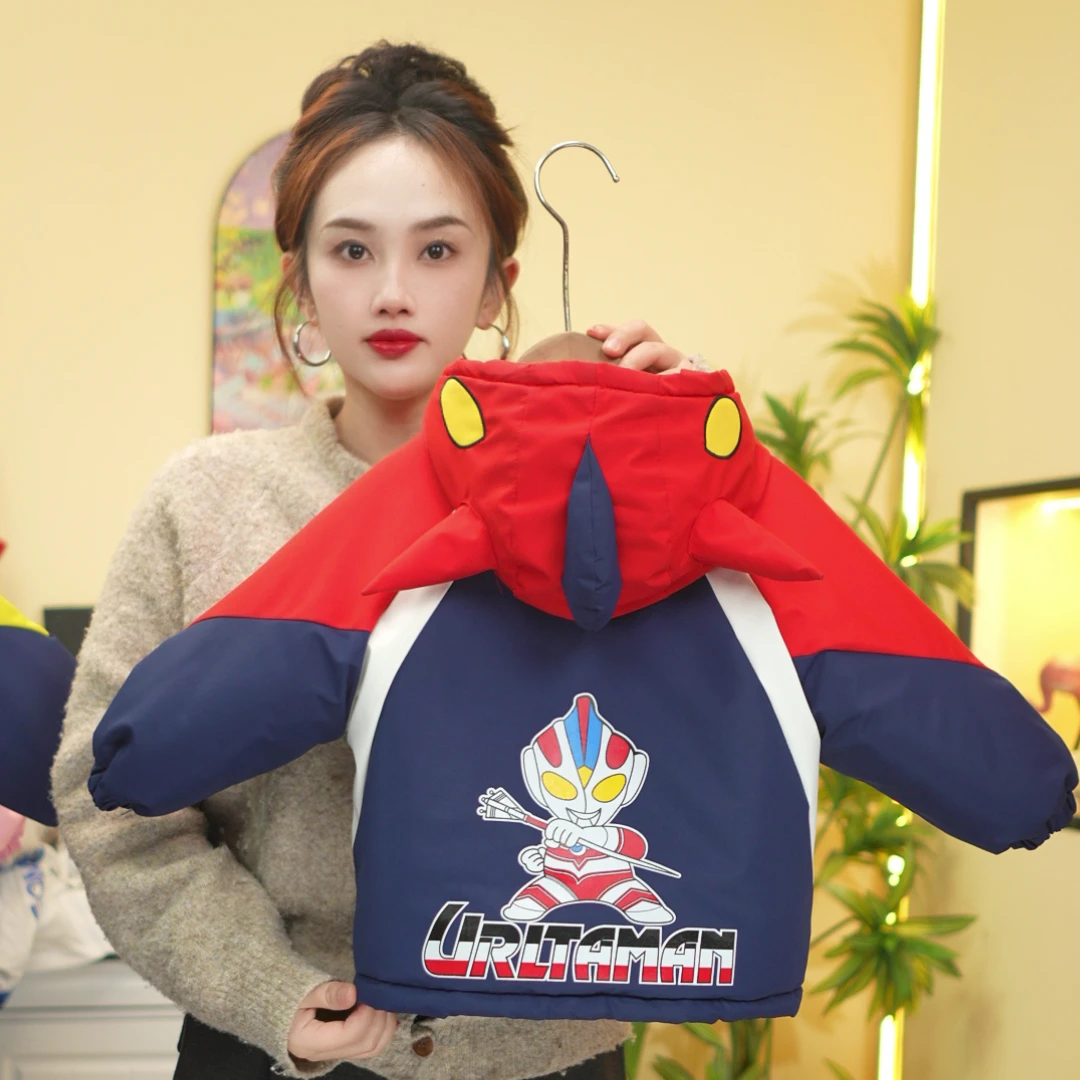 加棉加绒2025冬款韩版加厚连帽男童印花圆领棉服加棉洋气儿童男童