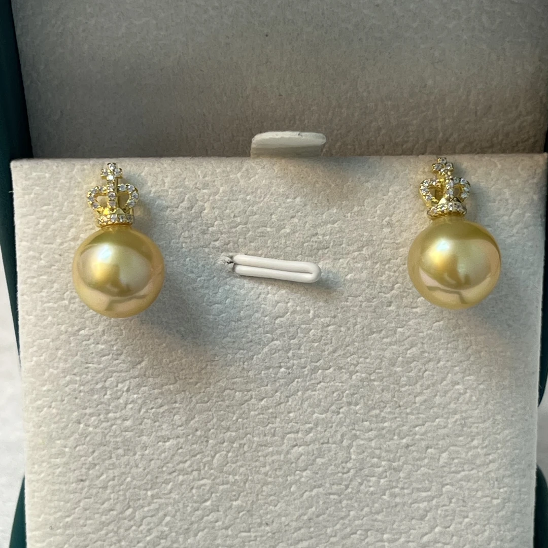 天然海水南洋金珠耳饰10-11mm皇冠精致时尚公主