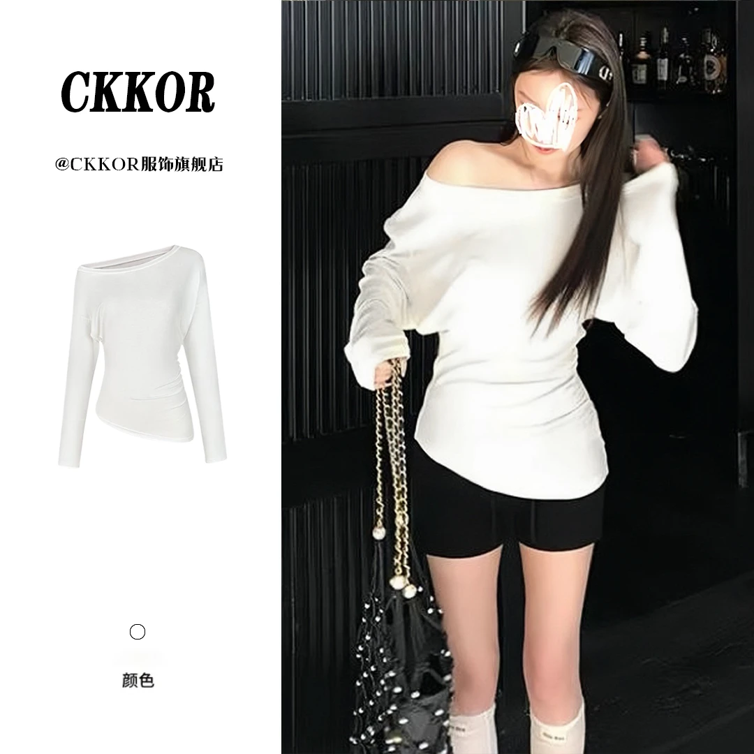 韩系简约一字肩辣妹修身显瘦长袖t恤女春秋新款休闲百搭上衣