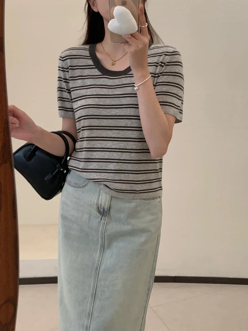 【潘潘.638818】2025年夏新款-天丝亚麻显瘦圆领条纹短袖针织衫